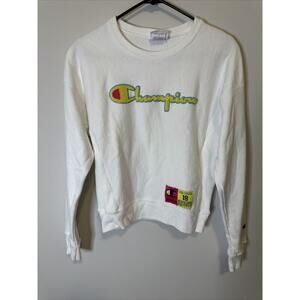 Champion Reverse Weave White Sweatshirt Yellow Pink Spell Out Logo Extra Small